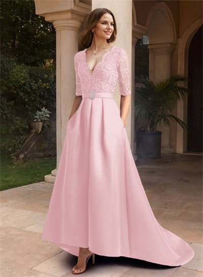 A-Line V-Neck 1/2 Sleeves Asymmetrical Lace/Satin Mother Of The Bride Dresses
