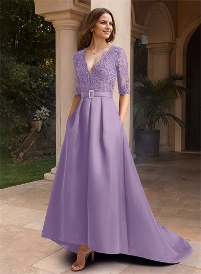 A-Line V-Neck 1/2 Sleeves Asymmetrical Lace/Satin Mother Of The Bride Dresses