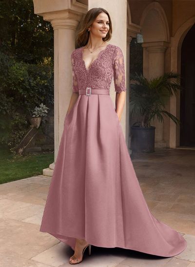 A-Line V-Neck 1/2 Sleeves Asymmetrical Lace/Satin Mother Of The Bride Dresses