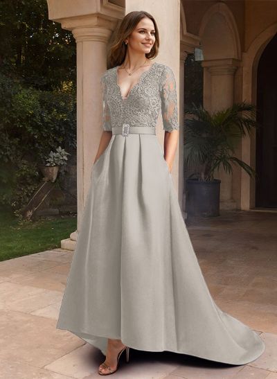 A-Line V-Neck 1/2 Sleeves Asymmetrical Lace/Satin Mother Of The Bride Dresses