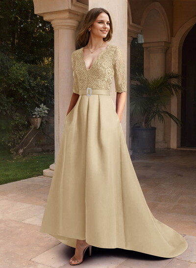 A-Line V-Neck 1/2 Sleeves Asymmetrical Lace/Satin Mother Of The Bride Dresses