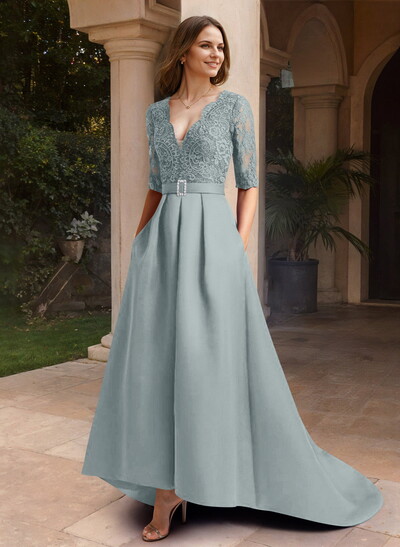 A-Line V-Neck 1/2 Sleeves Asymmetrical Lace/Satin Mother Of The Bride Dresses