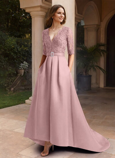 A-Line V-Neck 1/2 Sleeves Asymmetrical Lace/Satin Mother Of The Bride Dresses