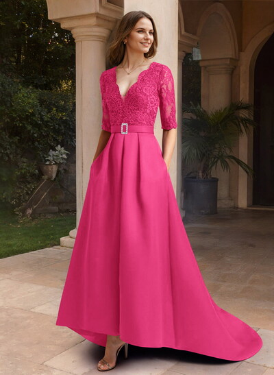 A-Line V-Neck 1/2 Sleeves Asymmetrical Lace/Satin Mother Of The Bride Dresses