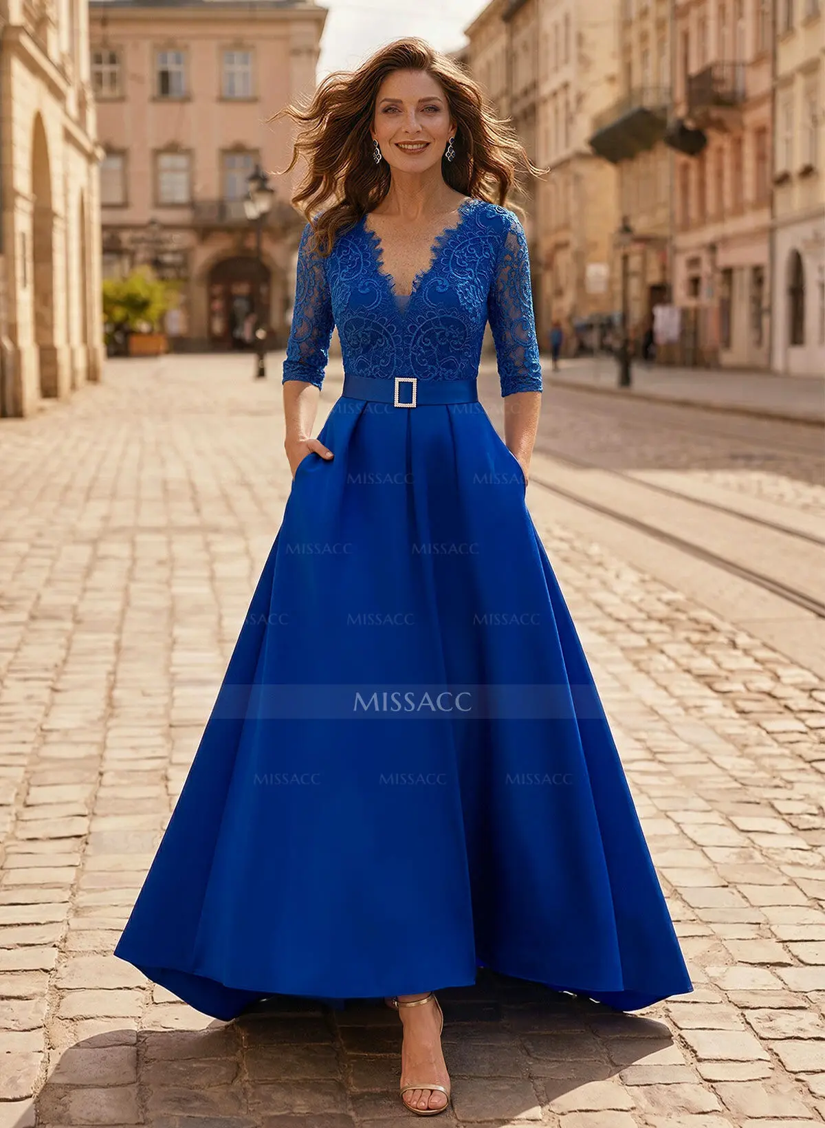 A-Line V-Neck 1/2 Sleeves Asymmetrical Lace/Satin Mother of the Bride Dress
