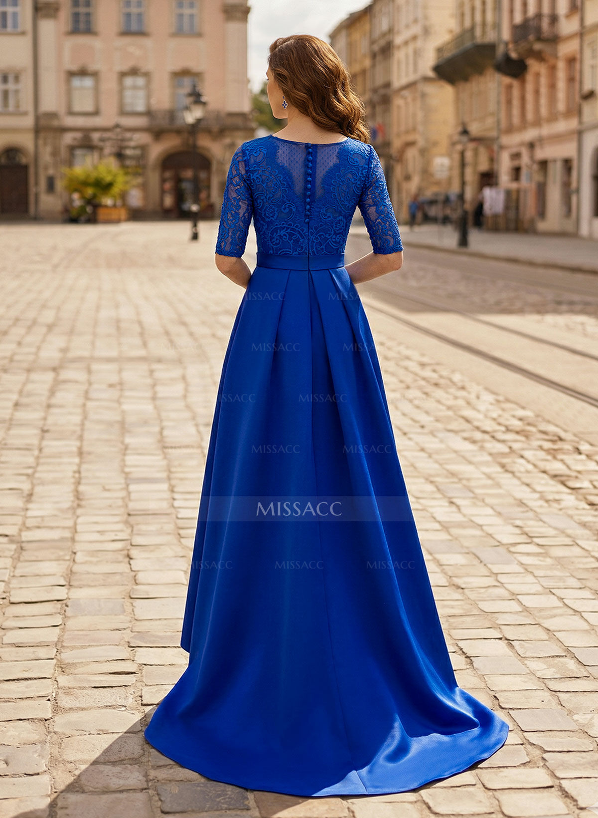 A-Line V-Neck 1/2 Sleeves Asymmetrical Lace/Satin Mother Of The Bride Dresses