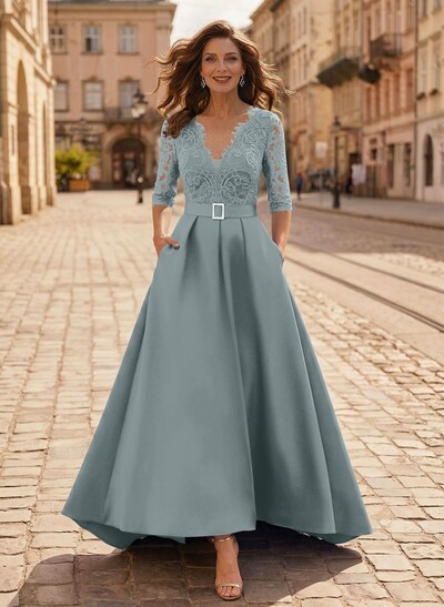 A-Line V-Neck 1/2 Sleeves Asymmetrical Lace/Satin Mother Of The Bride Dresses