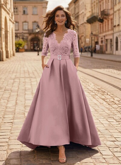 A-Line V-Neck 1/2 Sleeves Asymmetrical Lace/Satin Mother Of The Bride Dresses
