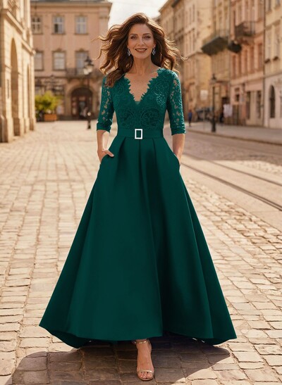 A-Line V-Neck 1/2 Sleeves Asymmetrical Lace/Satin Mother Of The Bride Dresses