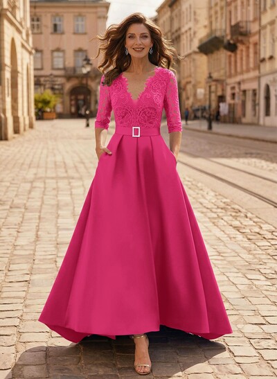 A-Line V-Neck 1/2 Sleeves Asymmetrical Lace/Satin Mother Of The Bride Dresses