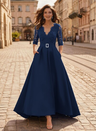 A-Line V-Neck 1/2 Sleeves Asymmetrical Lace/Satin Mother Of The Bride Dresses