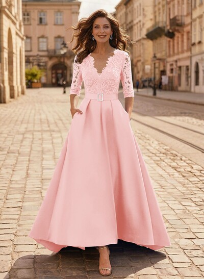 A-Line V-Neck 1/2 Sleeves Asymmetrical Lace/Satin Mother Of The Bride Dresses