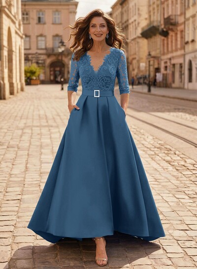 A-Line V-Neck 1/2 Sleeves Asymmetrical Lace/Satin Mother Of The Bride Dresses