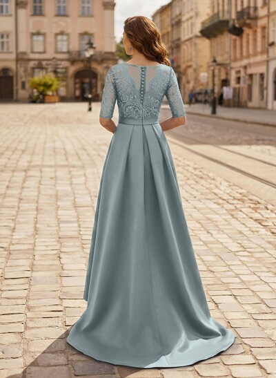 A-Line V-Neck 1/2 Sleeves Asymmetrical Lace/Satin Mother Of The Bride Dresses