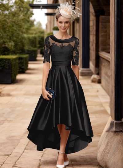 A-Line 1/2 Sleeves Asymmetrical Lace/Satin Mother Of The Bride Dresses With Appliques Lace