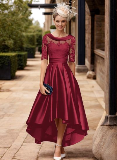 A-Line 1/2 Sleeves Asymmetrical Lace/Satin Mother Of The Bride Dresses With Appliques Lace