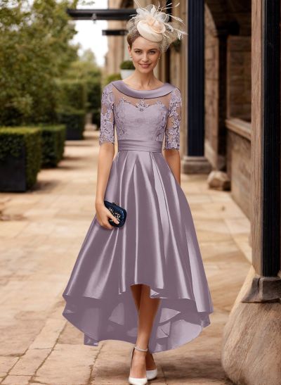 A-Line 1/2 Sleeves Asymmetrical Lace/Satin Mother Of The Bride Dresses With Appliques Lace A-Line 1/2 Sleeves Asymmetrical Lace/Satin Mother Of The Bride Dresses With Appliques Lace