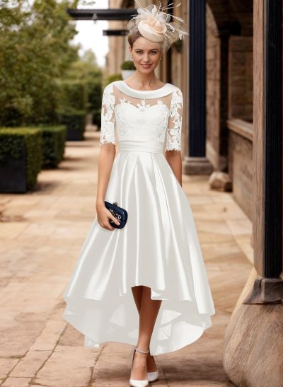 A-Line 1/2 Sleeves Asymmetrical Lace/Satin Mother Of The Bride Dresses With Appliques Lace