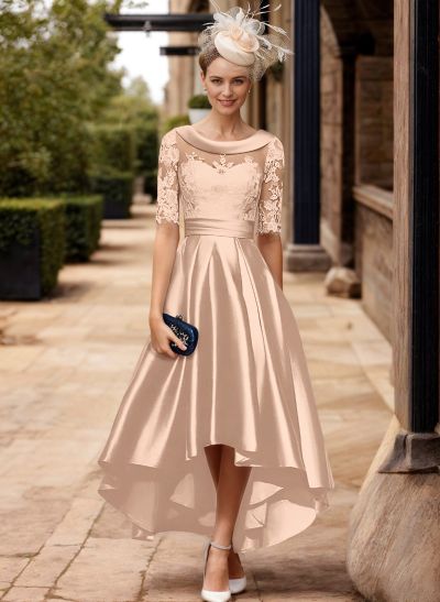 A-Line 1/2 Sleeves Asymmetrical Lace/Satin Mother Of The Bride Dresses With Appliques Lace