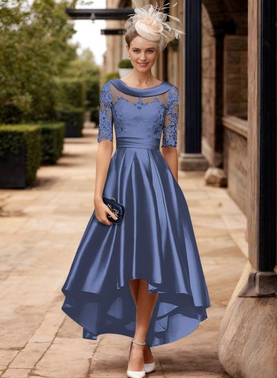 A-Line 1/2 Sleeves Asymmetrical Lace/Satin Mother Of The Bride Dresses With Appliques Lace