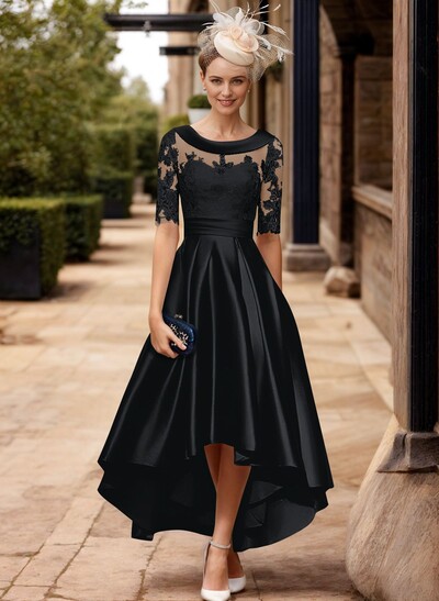 A-Line 1/2 Sleeves Asymmetrical Lace/Satin Mother Of The Bride Dresses With Appliques Lace