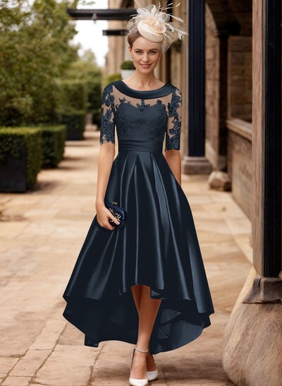 A-Line 1/2 Sleeves Asymmetrical Lace/Satin Mother Of The Bride Dresses With Appliques Lace