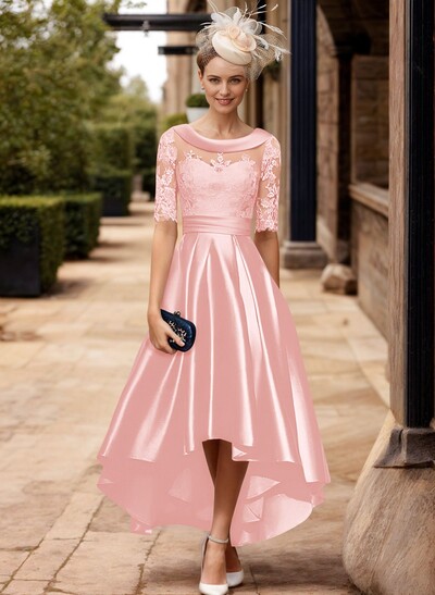 A-Line 1/2 Sleeves Asymmetrical Lace/Satin Mother Of The Bride Dresses With Appliques Lace