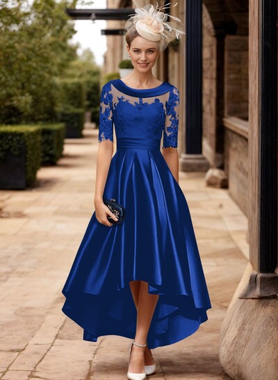 A-Line 1/2 Sleeves Asymmetrical Lace/Satin Mother Of The Bride Dresses With Appliques Lace