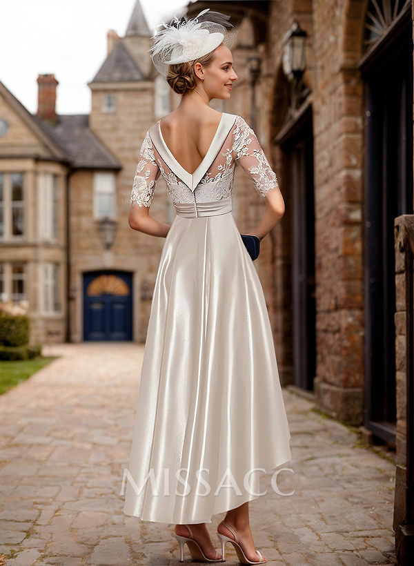 A-Line 1/2 Sleeves Asymmetrical Lace/Satin Mother Of The Bride Dresses With Appliques Lace