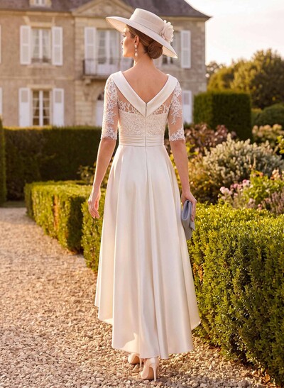 A-Line 1/2 Sleeves Asymmetrical Lace/Satin Mother Of The Bride Dresses With Appliques Lace