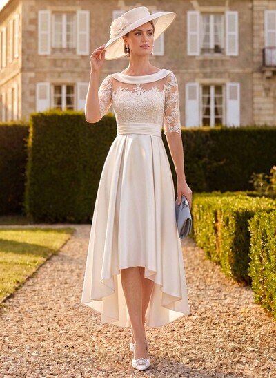 A-Line 1/2 Sleeves Asymmetrical Lace/Satin Mother Of The Bride Dresses With Appliques Lace