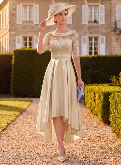 A-Line 1/2 Sleeves Asymmetrical Lace/Satin Mother Of The Bride Dresses With Appliques Lace