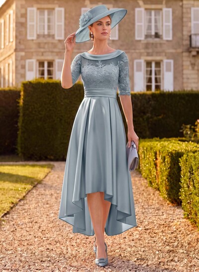 A-Line 1/2 Sleeves Asymmetrical Lace/Satin Mother Of The Bride Dresses With Appliques Lace
