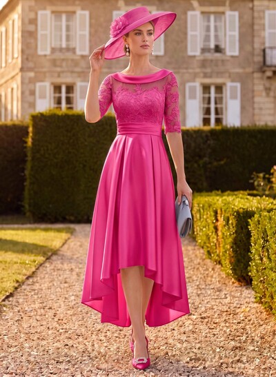 A-Line 1/2 Sleeves Asymmetrical Lace/Satin Mother Of The Bride Dresses With Appliques Lace
