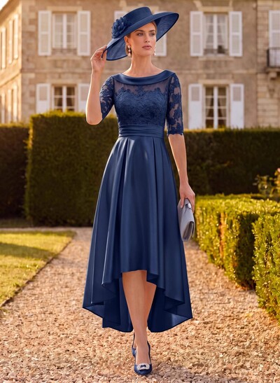 A-Line 1/2 Sleeves Asymmetrical Lace/Satin Mother Of The Bride Dresses With Appliques Lace