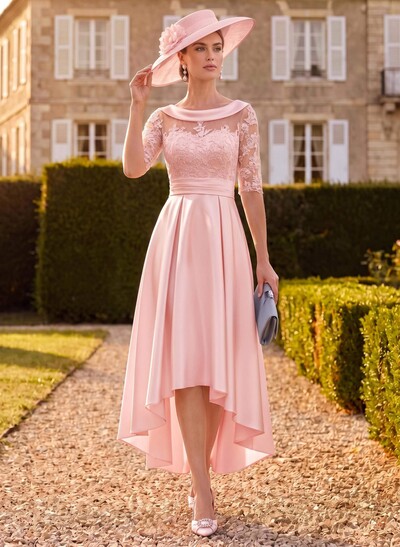 A-Line 1/2 Sleeves Asymmetrical Lace/Satin Mother Of The Bride Dresses With Appliques Lace