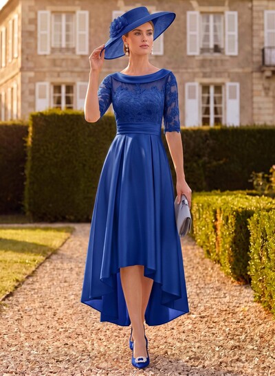 A-Line 1/2 Sleeves Asymmetrical Lace/Satin Mother Of The Bride Dresses With Appliques Lace