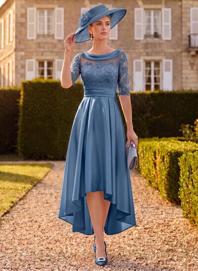 A-Line 1/2 Sleeves Asymmetrical Lace/Satin Mother Of The Bride Dresses With Appliques Lace