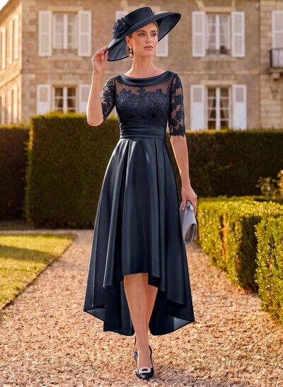 A-Line 1/2 Sleeves Asymmetrical Lace/Satin Mother Of The Bride Dresses With Appliques Lace