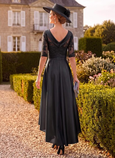 A-Line 1/2 Sleeves Asymmetrical Lace/Satin Mother Of The Bride Dresses With Appliques Lace