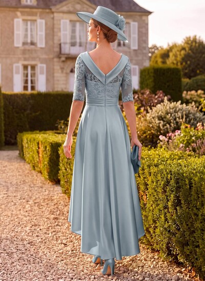 A-Line 1/2 Sleeves Asymmetrical Lace/Satin Mother Of The Bride Dresses With Appliques Lace
