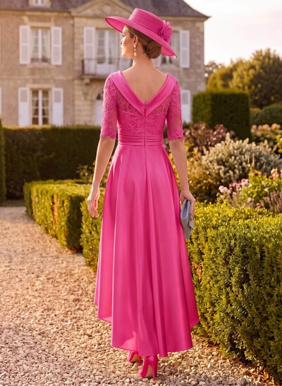 A-Line 1/2 Sleeves Asymmetrical Lace/Satin Mother Of The Bride Dresses With Appliques Lace