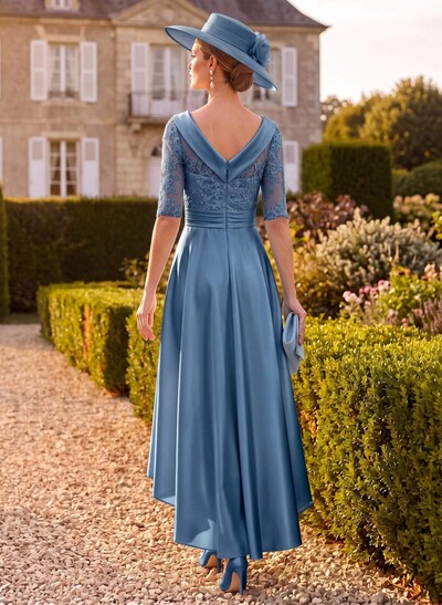 A-Line 1/2 Sleeves Asymmetrical Lace/Satin Mother Of The Bride Dresses With Appliques Lace