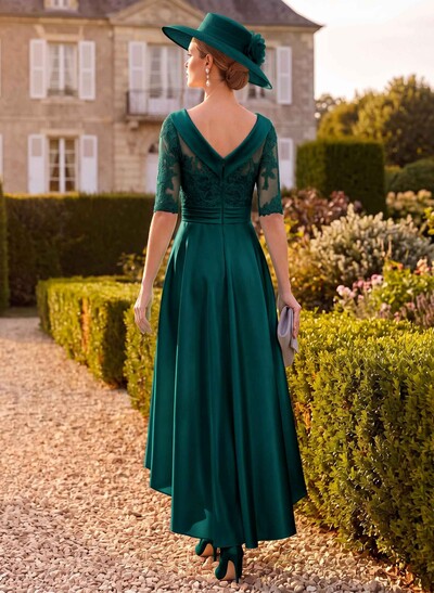 A-Line 1/2 Sleeves Asymmetrical Lace/Satin Mother Of The Bride Dresses With Appliques Lace