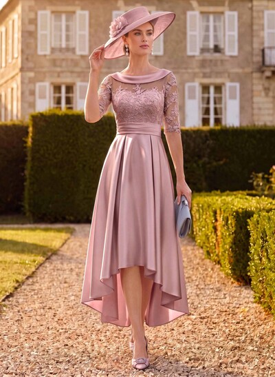 A-Line 1/2 Sleeves Asymmetrical Lace/Satin Mother Of The Bride Dresses With Appliques Lace