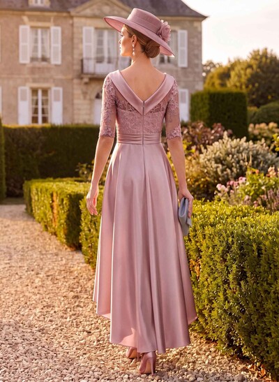 A-Line 1/2 Sleeves Asymmetrical Lace/Satin Mother Of The Bride Dresses With Appliques Lace