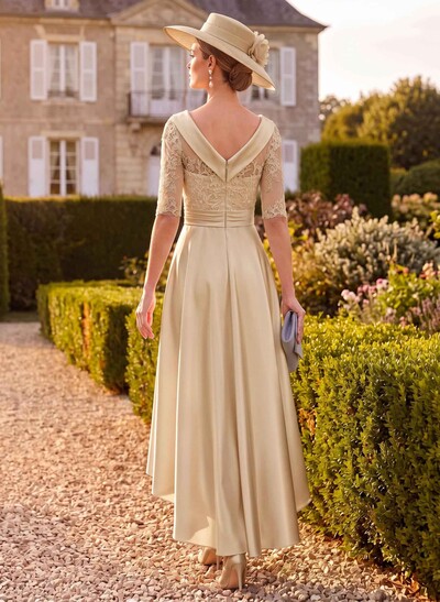 A-Line 1/2 Sleeves Asymmetrical Lace/Satin Mother Of The Bride Dresses With Appliques Lace