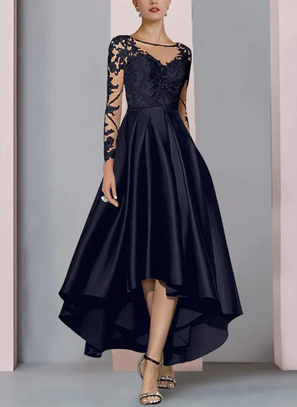 Missacc Black Mother Of The Bride Dresses A-Line Illusion Neck 3/4 Sleeves Asymmetrical Lace/Satin Mother Of The Bride Dresses Missacc Black Mother Of The Bride Dresses A-Line Illusion Neck 3/4 Sleeves Asymmetrical Lace/Satin Mother Of The Bride Dresses
