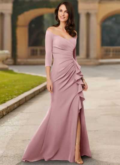 Trumpet/Mermaid Off-The-Shoulder Long Sleeves Jersey Mother Of The Bride Dresses With Cascading Ruffles