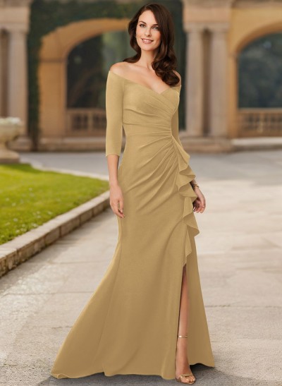 Trumpet/Mermaid Off-The-Shoulder Elastic Satin Mother Of The Bride Dresses With Cascading Ruffles